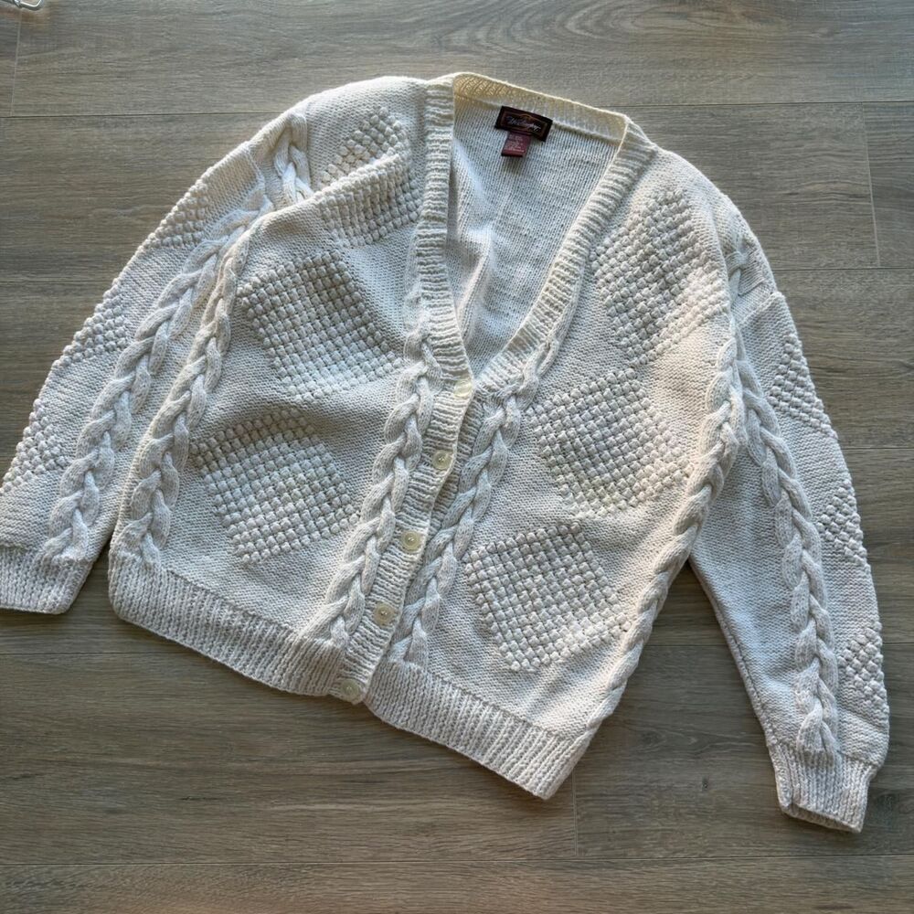 Worthington Womens Large White Cable Knit Cardigan Sweater VTG 90's Cottage Cozy